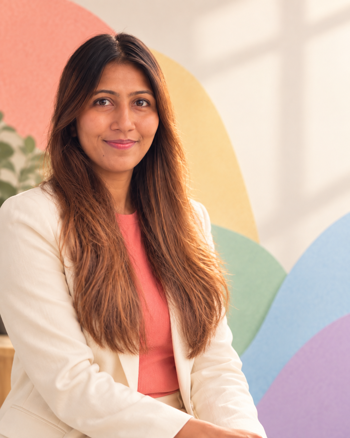 Rhea Bheda in a bright, optimistic studio setting
